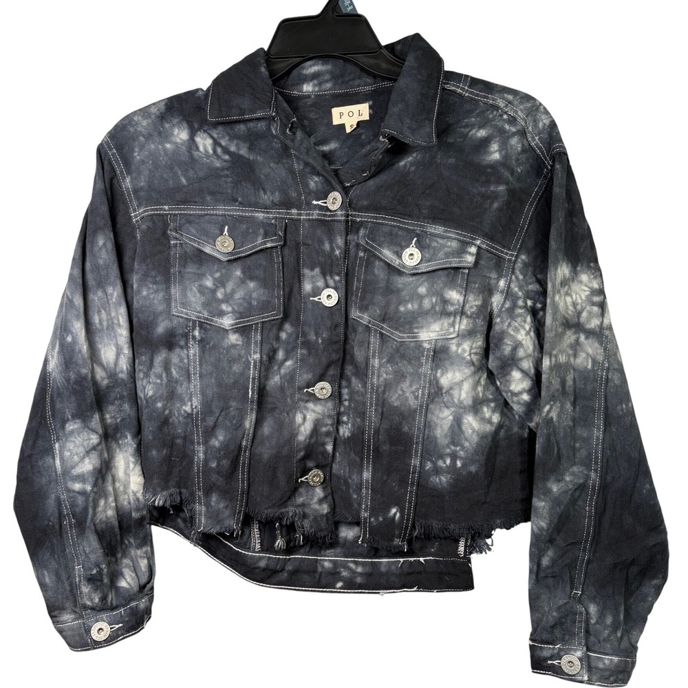 POL Denim Jacket Womens Small Black Tie Dye Excellent Cropped Raw Hem Trucker
